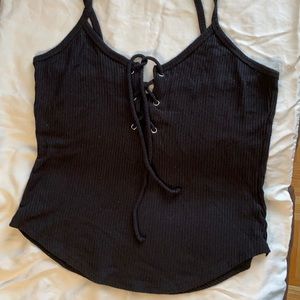 Mind Code - Black strapped top with detailed shoelace front.